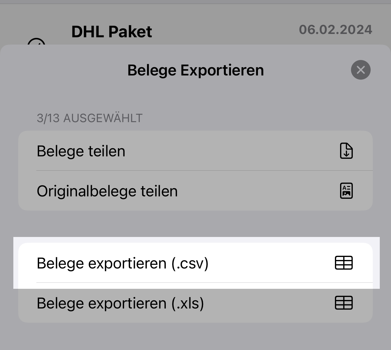 Belege exportieren (.csv)