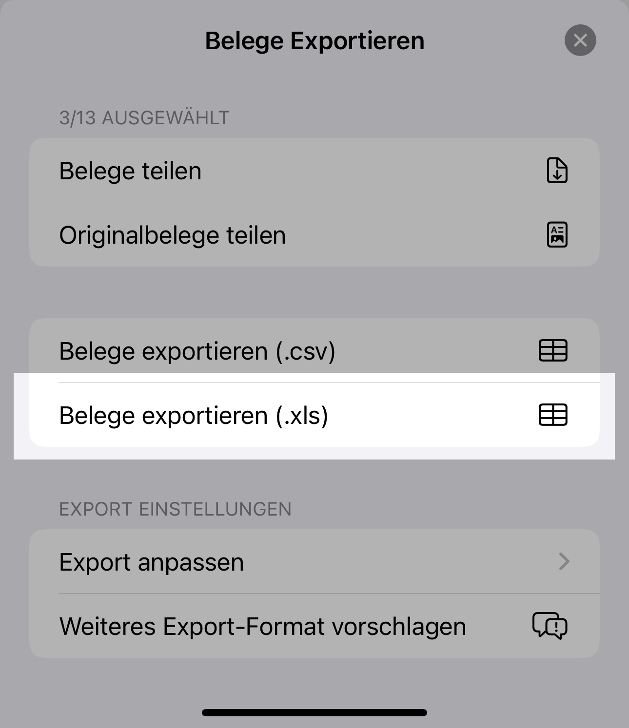 Belege exportieren (.xls)